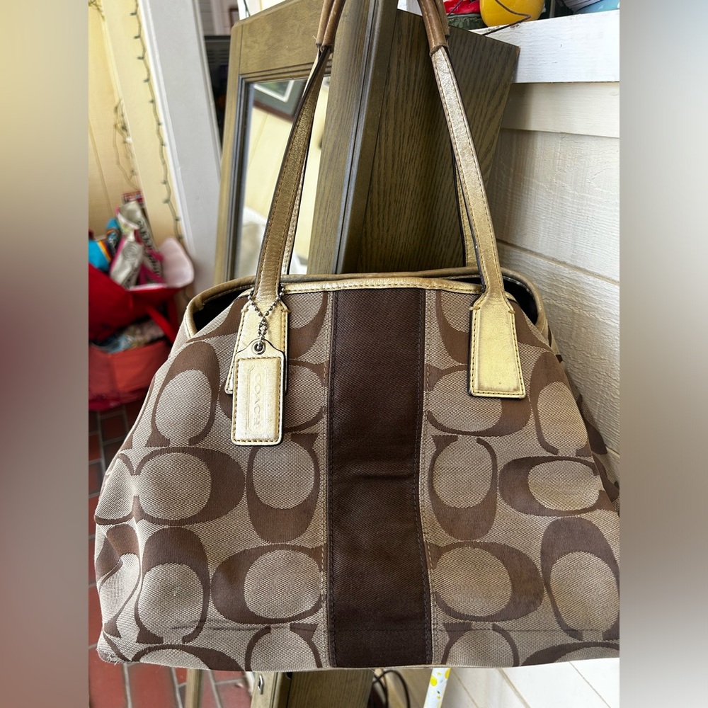 Coach Brown Signature Canvas Tote with Gold Trim and Dark Brown Center Panel